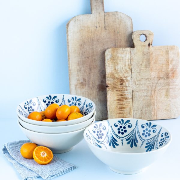 Cream & Blue Hand-Stamped Stoneware Bowl For Discount - Image 3